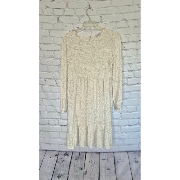 Cottage Core Charm Ditzy Floral Smocked Bodice Tiered Ruffle Hem Dress Cream M - Picture 2 of 5